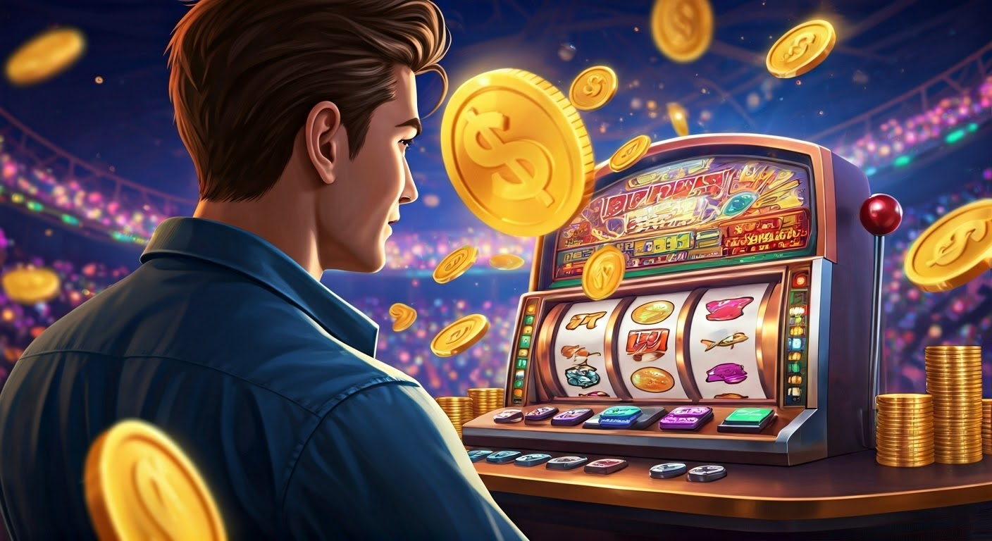 Player spinning slot machine with coins