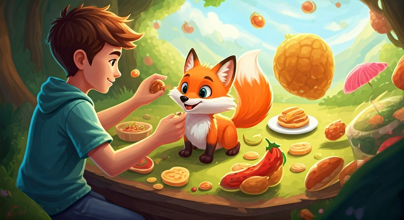 Player preparing to feed a cartoon fox