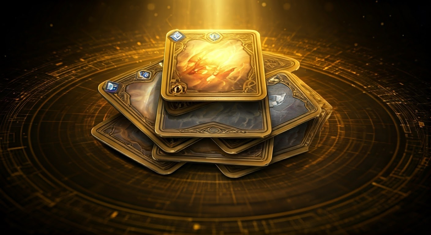 Artistic display of gold game cards.